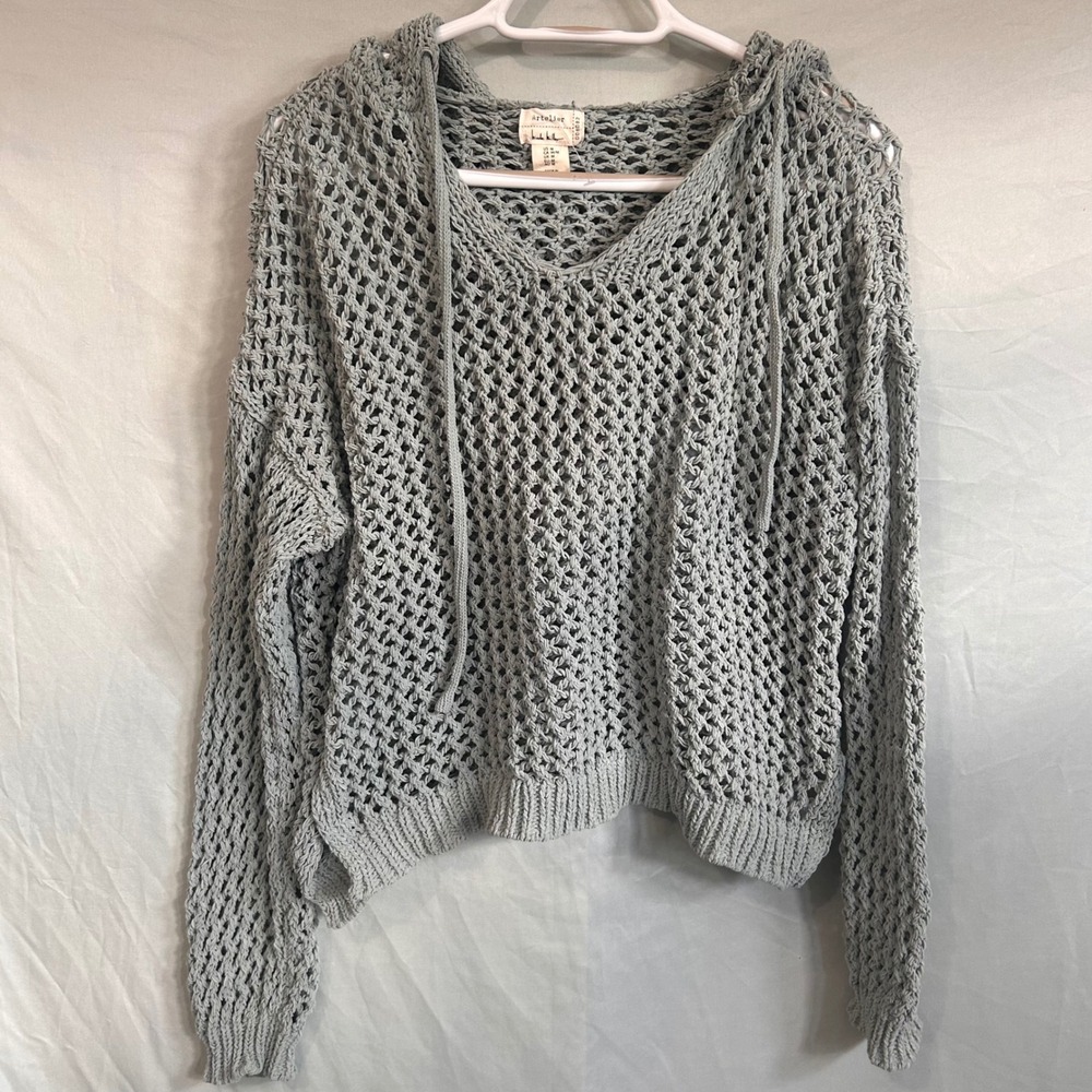 Artelier Nicole Miller Coastal Open Knit Mesh Hoodie V-Neck Pullover NWT Size M